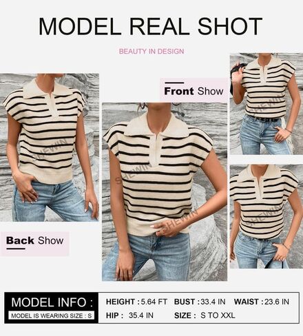 SHEWIN Women's Tops Cap Short Sleeve Shirts Casual Collared Knit Striped Pullover Sweaters in Saudi Arabia