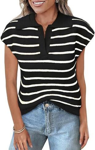 SHEWIN Women's Tops Cap Short Sleeve Shirts Casual Collared Knit Striped Pullover Sweaters in Saudi Arabia