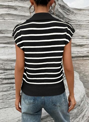 SHEWIN Women's Tops Cap Short Sleeve Shirts Casual Collared Knit Striped Pullover Sweaters in Saudi Arabia