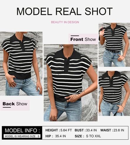 SHEWIN Women's Tops Cap Short Sleeve Shirts Casual Collared Knit Striped Pullover Sweaters in Saudi Arabia