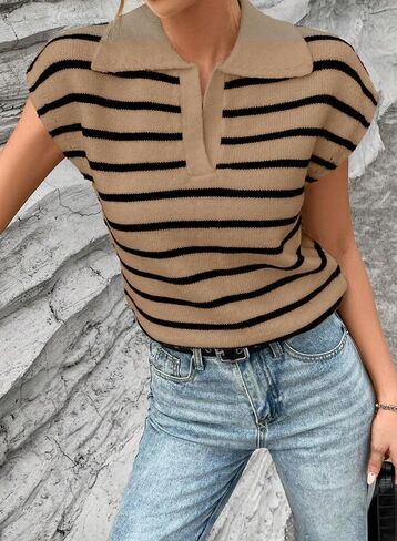 SHEWIN Women's Tops Cap Short Sleeve Shirts Casual Collared Knit Striped Pullover Sweaters in Saudi Arabia