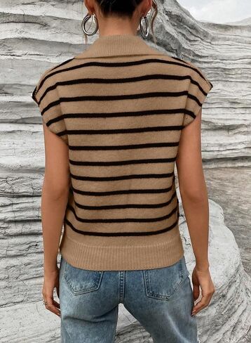 SHEWIN Women's Tops Cap Short Sleeve Shirts Casual Collared Knit Striped Pullover Sweaters in Saudi Arabia