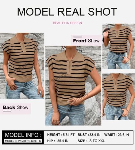 SHEWIN Women's Tops Cap Short Sleeve Shirts Casual Collared Knit Striped Pullover Sweaters in Saudi Arabia
