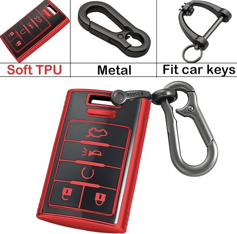 for Cadillac key fob cover with Leather keychain,Fashion Soft TPU Protector Key Shell,Compatible with 2006-2014 CTS DTS Escalade SRX STS Impala Carlo Keyless remote smart key(Black) in Saudi Arabia