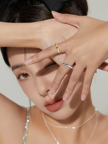 WOWORAMA 2pcs اثنين من لهجة الحب القلب خواتم مجموعة للنساء زوجين مطابقة خواتم القلب الذهب والفضة خواتم المفصل الحب التراص حلقات ميدي حلقات رقيقة قابلة للتعديل in Kuwait