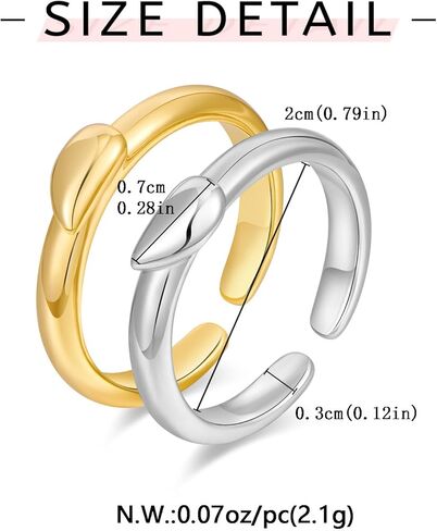 WOWORAMA 2pcs اثنين من لهجة الحب القلب خواتم مجموعة للنساء زوجين مطابقة خواتم القلب الذهب والفضة خواتم المفصل الحب التراص حلقات ميدي حلقات رقيقة قابلة للتعديل in Kuwait