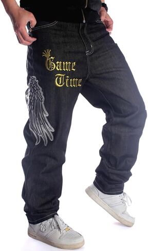 Ruiatoo Mens Jeans Fashion Skateboard Pants Snake Embroidery Baggy Jeans Hip Hop Denim Black Trousers in Saudi Arabia