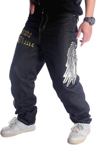 Ruiatoo Mens Jeans Fashion Skateboard Pants Snake Embroidery Baggy Jeans Hip Hop Denim Black Trousers in Saudi Arabia