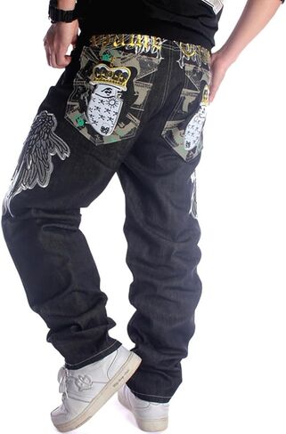Ruiatoo Mens Jeans Fashion Skateboard Pants Snake Embroidery Baggy Jeans Hip Hop Denim Black Trousers in Saudi Arabia