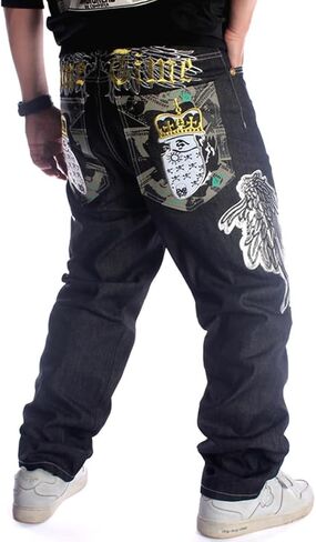 Ruiatoo Mens Jeans Fashion Skateboard Pants Snake Embroidery Baggy Jeans Hip Hop Denim Black Trousers in Saudi Arabia