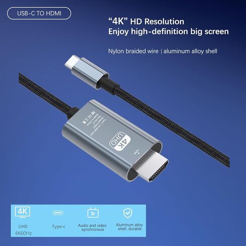 كابل USB C إلى HDMI بطول 6.5 قدم من سبائك الألومنيوم سلك مضفر من النايلون، محول فيديو من النوع C إلى HDMI، كابل محول توصيل تلفزيوني بدقة 4K HD، للهواتف والأجهزة اللوحية والكمبيوتر المحمول (كابل PVC) in Kuwait