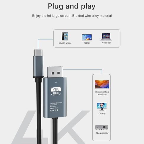 كابل USB C إلى HDMI بطول 6.5 قدم من سبائك الألومنيوم سلك مضفر من النايلون، محول فيديو من النوع C إلى HDMI، كابل محول توصيل تلفزيوني بدقة 4K HD، للهواتف والأجهزة اللوحية والكمبيوتر المحمول (كابل PVC) in Kuwait