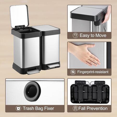 GAOMON Trash Can, 16 Gal Dual Garbage Can & Recycle Bin, 2 Compartments & 2 Pedal, Soft Close Lid and Airtight, for Home, Office, Business in Saudi Arabia