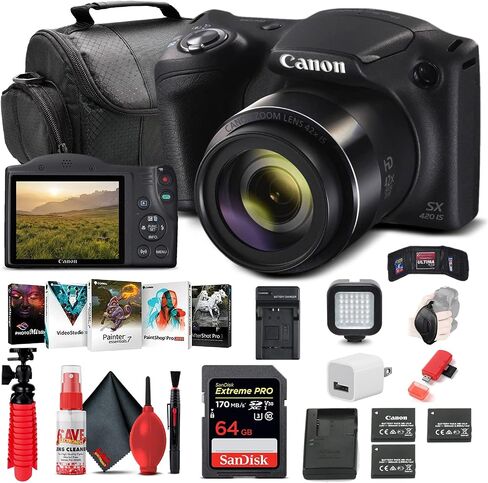 كاميرا Canon PowerShot SX420 هي كاميرا رقمية (أسود) (1068C001)، وبطاقة ذاكرة سعة 64 جيجابايت، وبطارية NB11L × 2، وبرنامج صور Corel، وشاحن، وقارئ بطاقات، وإضاءة LED، وحقيبة، وحامل ثلاثي القوائم مرن + المزيد (متجدد) in Saudi Arabia