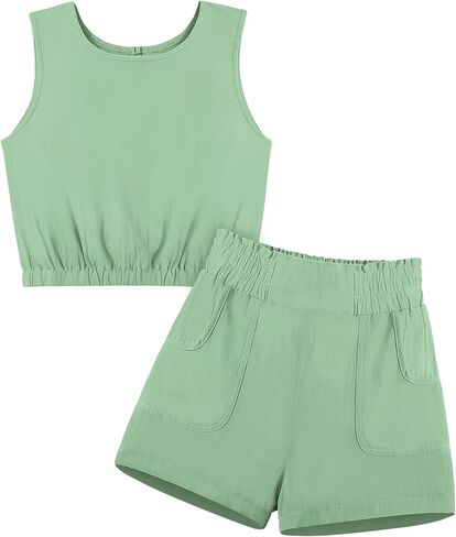 ملابس بناتي، ملابس صيفية للبنات، بلوزة وسروال قصير بدون أكمام، مجموعة ملابس مكونة من قطعتين in Kuwait