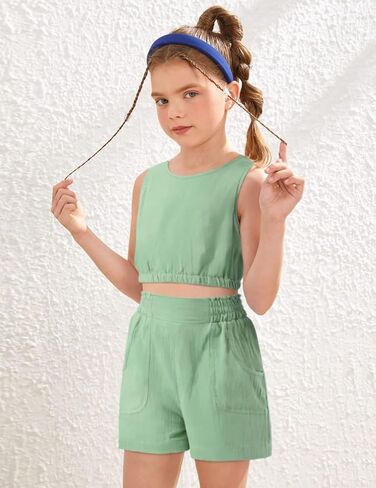 ملابس بناتي، ملابس صيفية للبنات، بلوزة وسروال قصير بدون أكمام، مجموعة ملابس مكونة من قطعتين in Kuwait