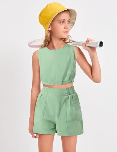 ملابس بناتي، ملابس صيفية للبنات، بلوزة وسروال قصير بدون أكمام، مجموعة ملابس مكونة من قطعتين in Kuwait