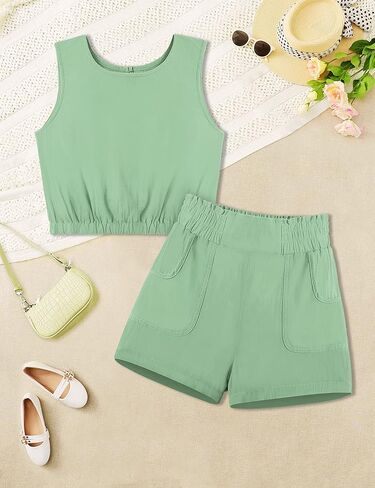 ملابس بناتي، ملابس صيفية للبنات، بلوزة وسروال قصير بدون أكمام، مجموعة ملابس مكونة من قطعتين in Kuwait