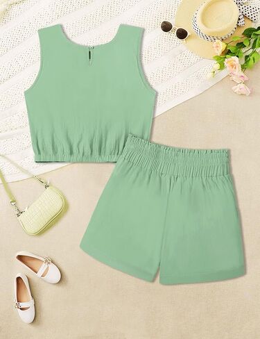 ملابس بناتي، ملابس صيفية للبنات، بلوزة وسروال قصير بدون أكمام، مجموعة ملابس مكونة من قطعتين in Kuwait