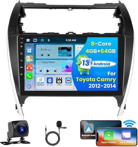 [4G+64G] راديو Hikity لسيارة Toyota Camry 2012-2014 Android 13 ستيريو لاسلكي CarpPlay Android Auto، شاشة لمس 9 بوصة في لوحة القيادة نظام ملاحة GPS مع كاميرا احتياطية WiFi BT FM RDS in Saudi Arabia