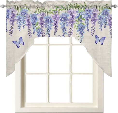 Purple Blue Flower Kitchen Curtains Swag Valance and Tier Curtains Set 24 Inch Length, Butter-Fly Leaves Plant Burlap Rod Pocket Drape Panels Pair Swag Curtains for Bathroom/Cafe/Window in Saudi Arabia