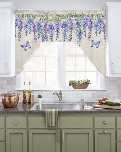 Purple Blue Flower Kitchen Curtains Swag Valance and Tier Curtains Set 24 Inch Length, Butter-Fly Leaves Plant Burlap Rod Pocket Drape Panels Pair Swag Curtains for Bathroom/Cafe/Window in Saudi Arabia