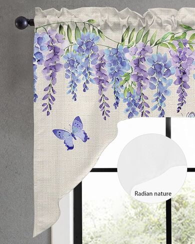 Purple Blue Flower Kitchen Curtains Swag Valance and Tier Curtains Set 24 Inch Length, Butter-Fly Leaves Plant Burlap Rod Pocket Drape Panels Pair Swag Curtains for Bathroom/Cafe/Window in Saudi Arabia