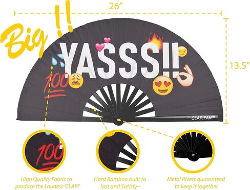 Rave Fan Yasss Large Bamboo Loud Clack Folding Hand Fan for EDM, Music Festival, Party, Parade, Performance, Cruise, Club, Event, Dance, for Men/Women, 13 inch (Black) in Saudi Arabia