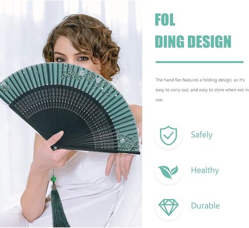 BESPORTBLE Handheld Fan Folding Silk Hand Fan Chinese Folding Fan Handheld Dancing Fans with Wood Frame Vintage Decorative Fan for Performance Festival Decorations Green A Hand Held Fan in Saudi Arabia