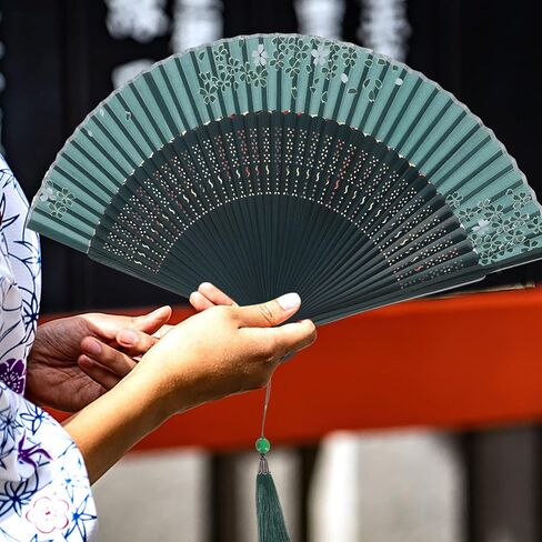 BESPORTBLE Handheld Fan Folding Silk Hand Fan Chinese Folding Fan Handheld Dancing Fans with Wood Frame Vintage Decorative Fan for Performance Festival Decorations Green A Hand Held Fan in Saudi Arabia