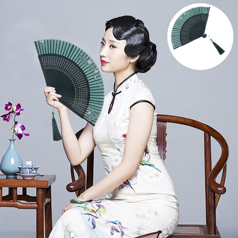 BESPORTBLE Handheld Fan Folding Silk Hand Fan Chinese Folding Fan Handheld Dancing Fans with Wood Frame Vintage Decorative Fan for Performance Festival Decorations Green A Hand Held Fan in Saudi Arabia