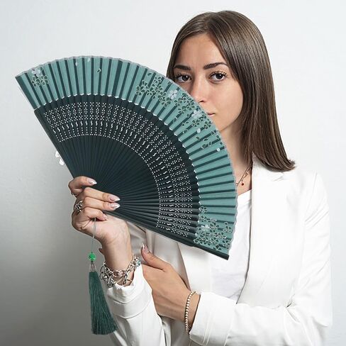 BESPORTBLE Handheld Fan Folding Silk Hand Fan Chinese Folding Fan Handheld Dancing Fans with Wood Frame Vintage Decorative Fan for Performance Festival Decorations Green A Hand Held Fan in Saudi Arabia