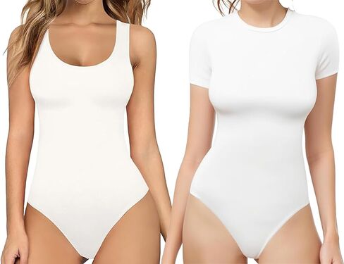 MANGOPOP Womens Scoop Neck Sleeveless Tank Top Bodysuits Sexy Backless Ribbed Body Suits Jumpsuit + Crew Neck Short Sleeve Bodysuit Basic T Shirts Tops White XL in Saudi Arabia