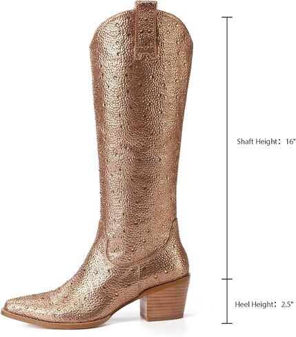 Women's Cowboy Boots Cowgirl Knee High Boots Western Rhinestones Boots Glitter Chunky Block Heel Sparkly Cowgirl Boots in Saudi Arabia