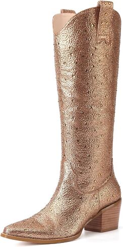 Women's Cowboy Boots Cowgirl Knee High Boots Western Rhinestones Boots Glitter Chunky Block Heel Sparkly Cowgirl Boots in Saudi Arabia