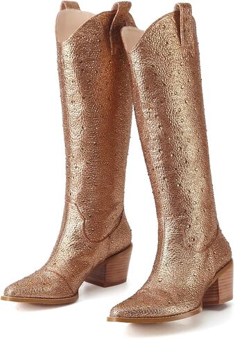 Women's Cowboy Boots Cowgirl Knee High Boots Western Rhinestones Boots Glitter Chunky Block Heel Sparkly Cowgirl Boots in Saudi Arabia