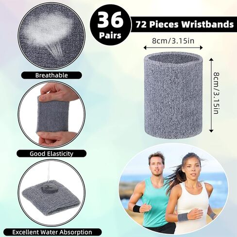 72 Pcs Wrist Sweatbands for Men Women Bulk Wrist Bands Sports Wristband Sweat Bands for Wrists Sports Sweatband Absorbent Cotton Sweat Wristband for Working Out Athletic Sports, White Gray Black in Saudi Arabia