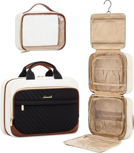 LOVEVOOK Travel Toiletry Bag for Women, Waterproof Hanging Makeup Bag with Jewelry Compartment, Come with TSA Approved Clear Cosmetic Bag for Trips Camping Bathroom(Black&White&Brown,12.5 Inch) in Saudi Arabia