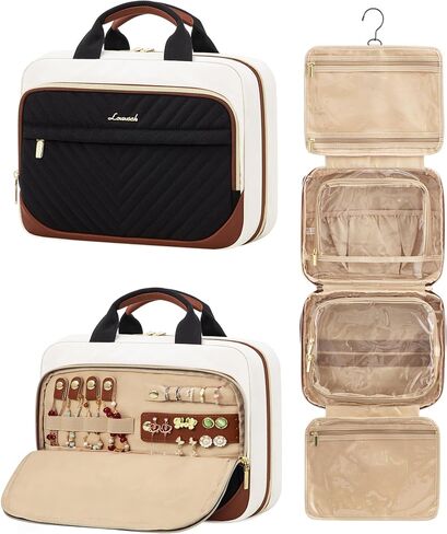 LOVEVOOK Travel Toiletry Bag for Women, Waterproof Hanging Makeup Bag with Jewelry Compartment, Come with TSA Approved Clear Cosmetic Bag for Trips Camping Bathroom(Black&White&Brown,12.5 Inch) in Saudi Arabia