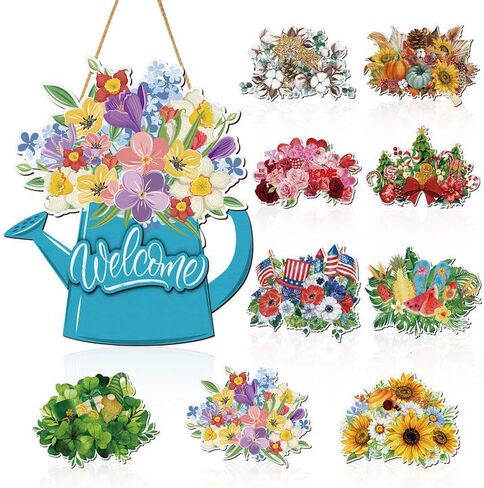 Interchangeable Welcome Wooden Door Sign with 9 Changeable Icons Watering Can Flowers Farmhouse Porch Decor Spring Summer Fall Winter All Seasons Holidays Home Farmhouse Decoration Outdoor Indoor in Saudi Arabia