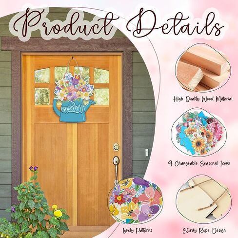 Interchangeable Welcome Wooden Door Sign with 9 Changeable Icons Watering Can Flowers Farmhouse Porch Decor Spring Summer Fall Winter All Seasons Holidays Home Farmhouse Decoration Outdoor Indoor in Saudi Arabia
