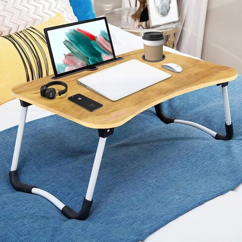 SATTVA Portable Bed Desk for Laptop and Writing - Fits Upto 17" Laptop Bed Table for Eating with Foldable Metal Legs, Tablet & Cup Holder, Laptop Tray for Couch and Bed, Waterproof, Clutch Wood in Saudi Arabia