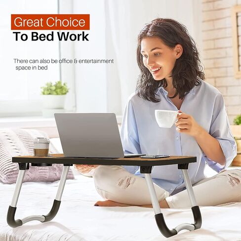 SATTVA Portable Bed Desk for Laptop and Writing - Fits Upto 17" Laptop Bed Table for Eating with Foldable Metal Legs, Tablet & Cup Holder, Laptop Tray for Couch and Bed, Waterproof, Clutch Wood in Saudi Arabia