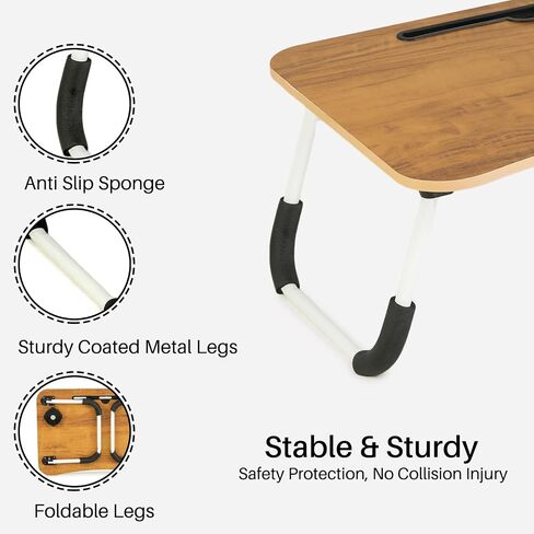 SATTVA Portable Bed Desk for Laptop and Writing - Fits Upto 17" Laptop Bed Table for Eating with Foldable Metal Legs, Tablet & Cup Holder, Laptop Tray for Couch and Bed, Waterproof, Clutch Wood in Saudi Arabia
