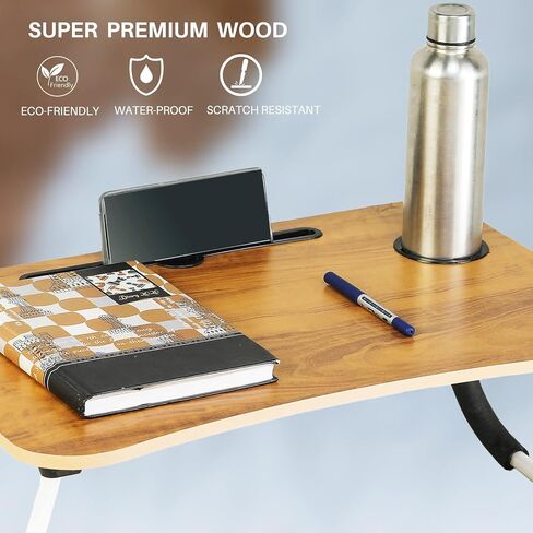 SATTVA Portable Bed Desk for Laptop and Writing - Fits Upto 17" Laptop Bed Table for Eating with Foldable Metal Legs, Tablet & Cup Holder, Laptop Tray for Couch and Bed, Waterproof, Clutch Wood in Saudi Arabia