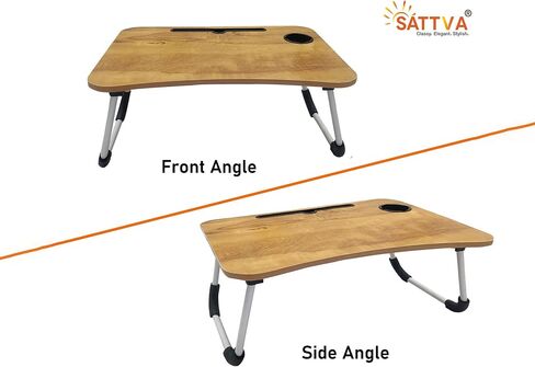 SATTVA Portable Bed Desk for Laptop and Writing - Fits Upto 17" Laptop Bed Table for Eating with Foldable Metal Legs, Tablet & Cup Holder, Laptop Tray for Couch and Bed, Waterproof, Clutch Wood in Saudi Arabia