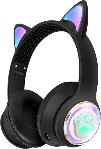 QearFun Cat Headphones for Girls Kids for School, Kids Bluetooth Headphones with Microphone & 3.5mm Jack, Teens Toddlers Wireless Headphones with Adjustable Headband for ipad/Tablet/PC-Black in Saudi Arabia