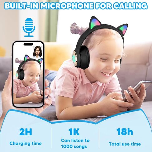 QearFun Cat Headphones for Girls Kids for School, Kids Bluetooth Headphones with Microphone & 3.5mm Jack, Teens Toddlers Wireless Headphones with Adjustable Headband for ipad/Tablet/PC-Black in Saudi Arabia
