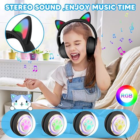 QearFun Cat Headphones for Girls Kids for School, Kids Bluetooth Headphones with Microphone & 3.5mm Jack, Teens Toddlers Wireless Headphones with Adjustable Headband for ipad/Tablet/PC-Black in Saudi Arabia