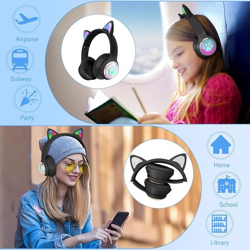 QearFun Cat Headphones for Girls Kids for School, Kids Bluetooth Headphones with Microphone & 3.5mm Jack, Teens Toddlers Wireless Headphones with Adjustable Headband for ipad/Tablet/PC-Black in Saudi Arabia